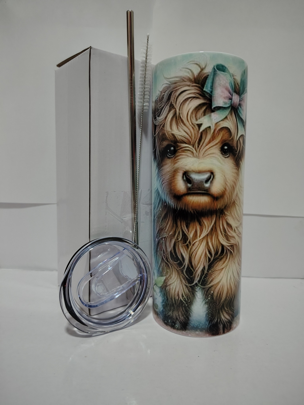 Cute Highland Cow Stainless Tumbler - Teal & Pink Accent